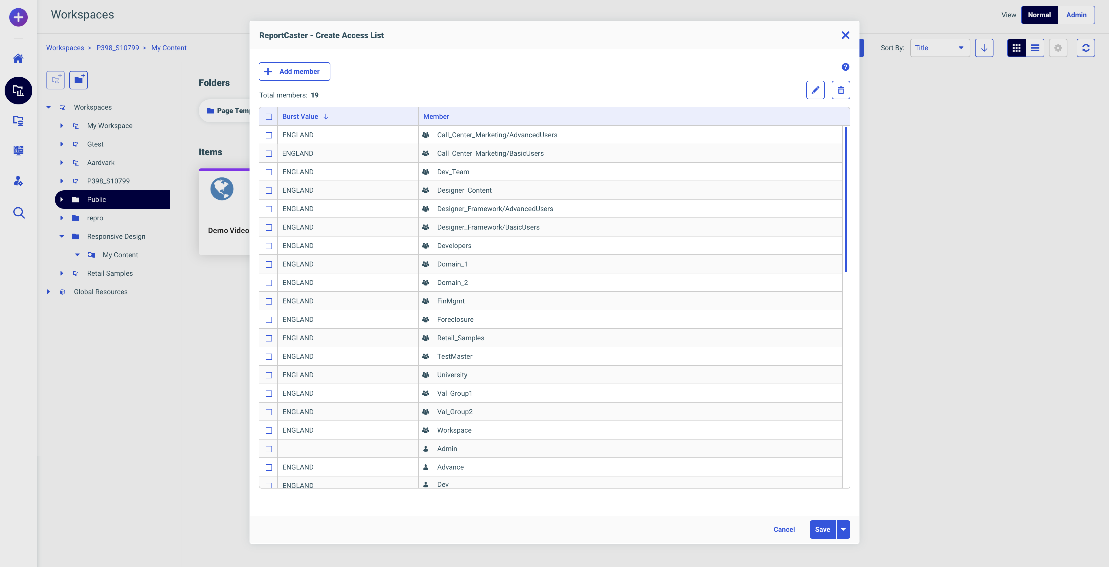 Populated access list member table of users and groups, each with a burst value